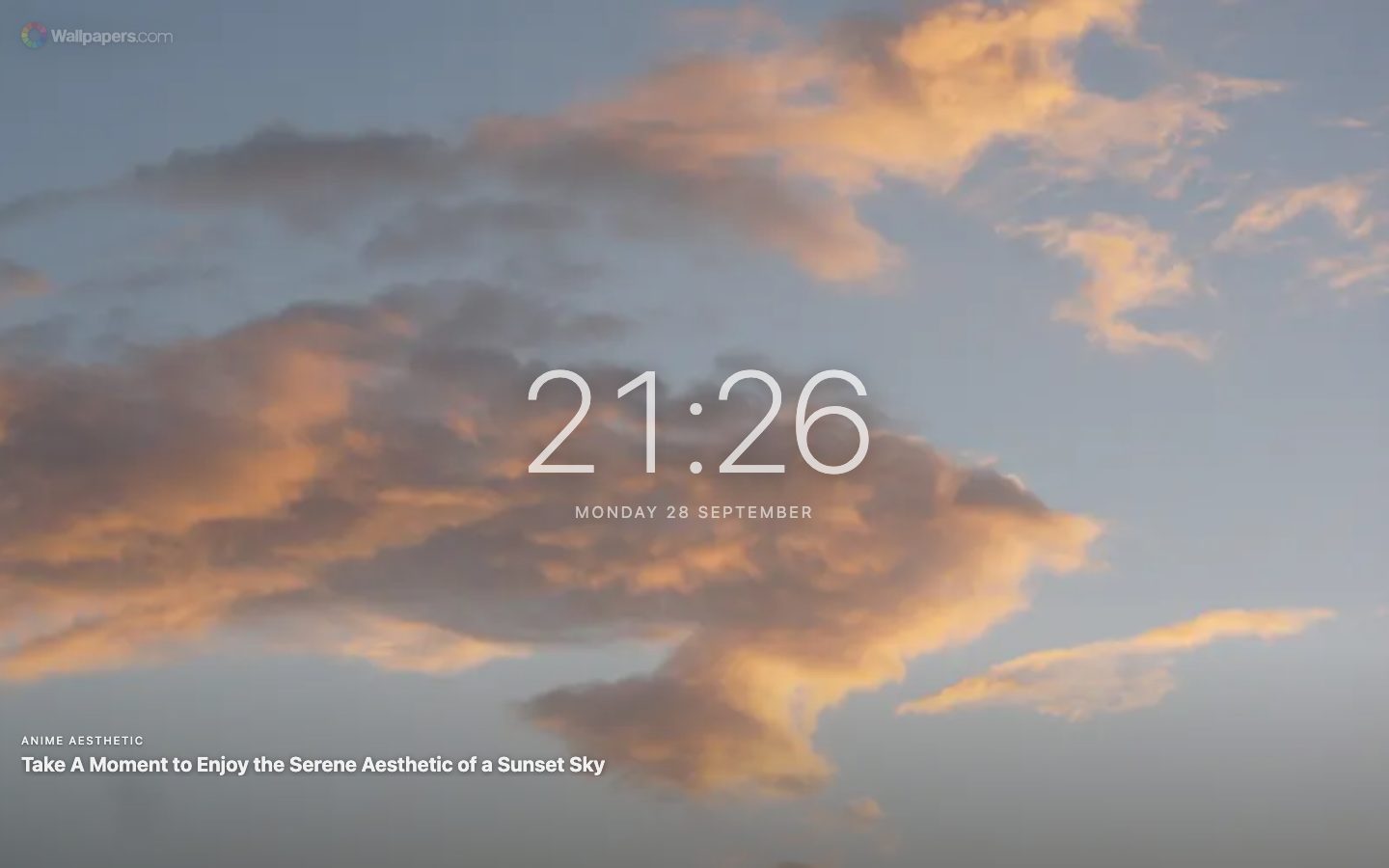 Nova aba com um relógio grande e a data sobre um papel de parede de pôr do sol