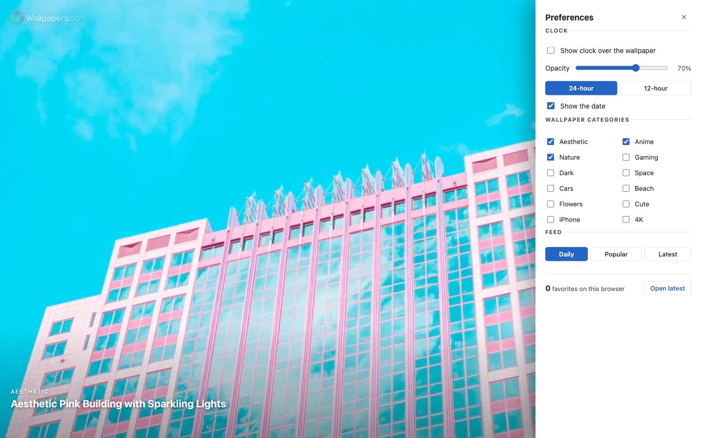 O painel Preferências com configurações de relógio, doze categorias de papéis de parede e as opções de feed Diário, Popular e Recentes